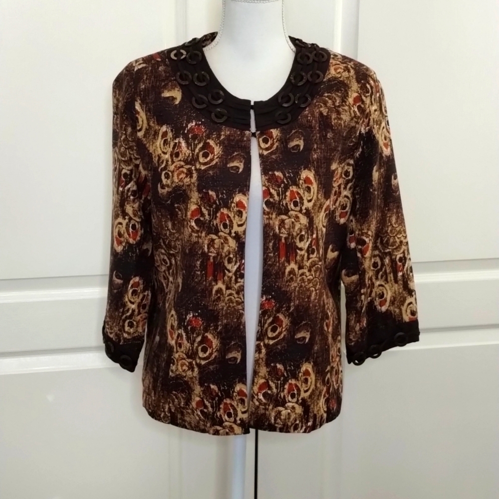Frenzy by Theresa Renz women's medium open blazer lightweight brown accents
